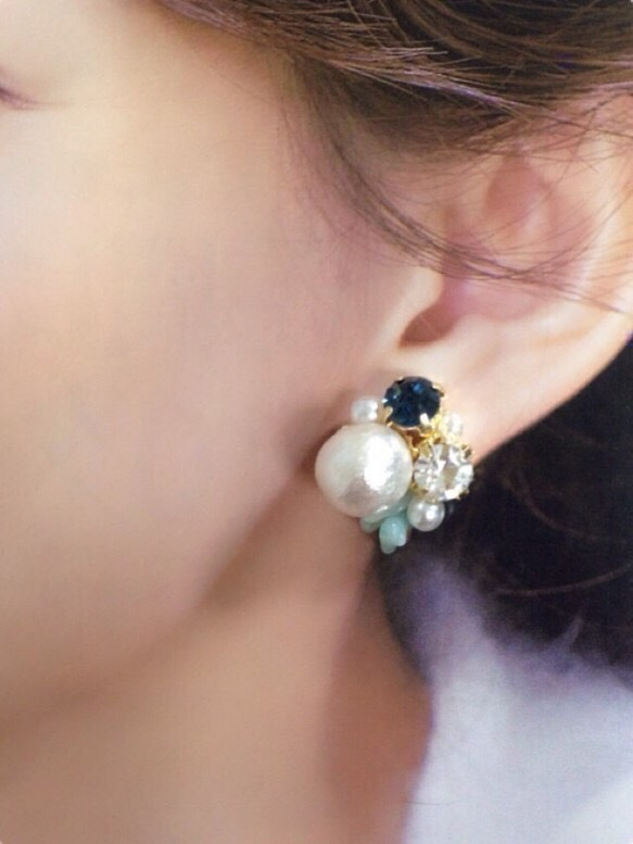 耳環寶藍色棉布珍珠珠寶和 第2張的照片