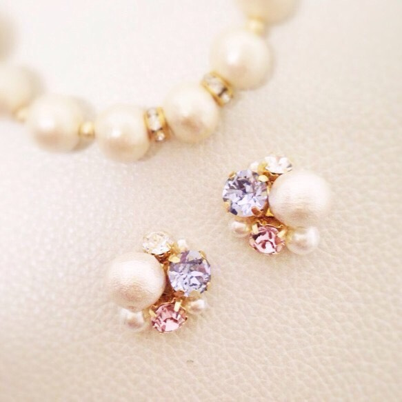 Lavender ＊ Cotton Pearl 春色スワロフスキー大粒ピアス/イヤリング変更可 3枚目の画像