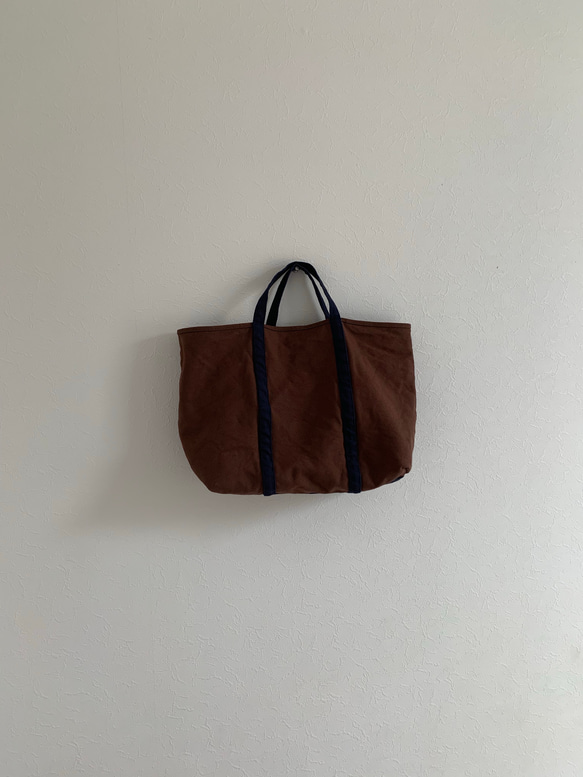 【A4対応】帆布　BASIC TOTE ( M ) ブラウン×ネイビー 2枚目の画像