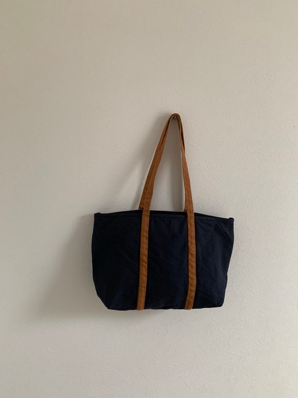 【creema限定】A4対応  帆布　BASIC TOTE ( M ) ネイビー ×キャメル 3枚目の画像