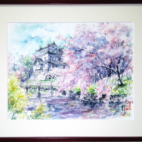 原画】「ギフト」 額付き ペン 水彩画（ざくろ 手書き 水彩画 額