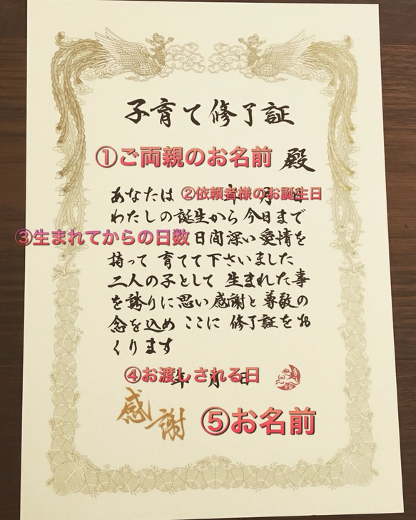 ご両家2枚セット＊結婚式に書道家が書く子育て修了証＊送料無料 4枚目の画像