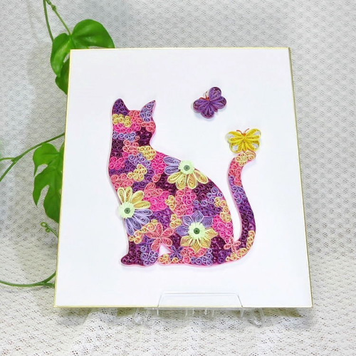色鉛筆、パステル画　オリジナル原画「Pink Cat」ペーパークイリングデコ ペーパークイリング・アート色紙「ピンク猫」 その他インテリア雑貨