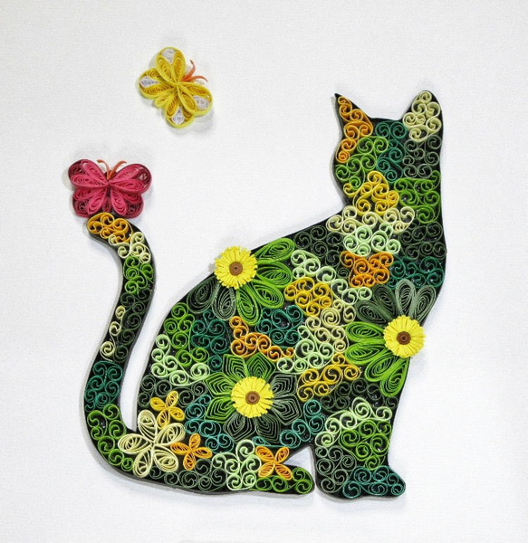 色鉛筆、パステル画　オリジナル原画「Pink Cat」ペーパークイリングデコ ペーパークイリング・アート色紙「猫」【受注製作】 その他インテリア