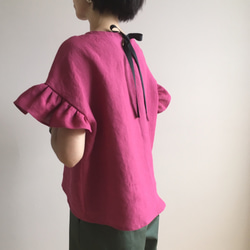 ヨーロピアン リネン ＊ プラムピンクのフリル袖 ブラウス ＊ S 〜Mサイズ 1枚目の画像
