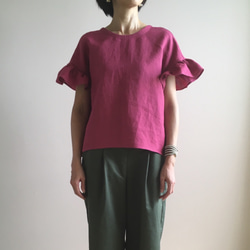 ヨーロピアン リネン ＊ プラムピンクのフリル袖 ブラウス ＊ S 〜Mサイズ 3枚目の画像