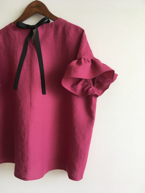 ヨーロピアン リネン ＊ プラムピンクのフリル袖 ブラウス ＊ S 〜Mサイズ 5枚目の画像