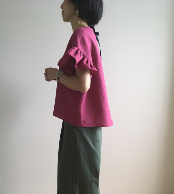 ヨーロピアン リネン ＊ プラムピンクのフリル袖 ブラウス ＊ S 〜Mサイズ 2枚目の画像