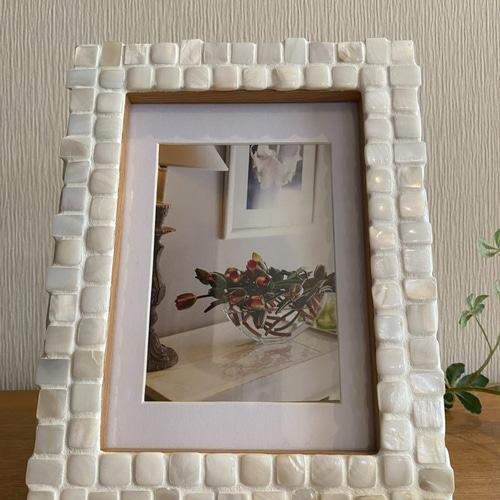 貝柄フォートフレーム ラグジュアリー♬貝殻タイルのフォトフレーム 2L判,L判対応 ナチュラル