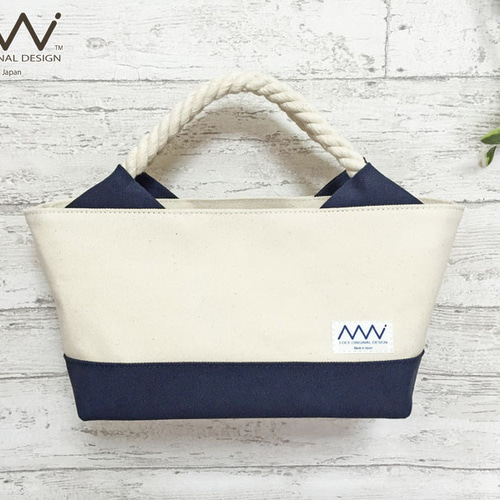 受注製作〗ロープ紐ハンドルのミニトートバッグ キナリxネイビー