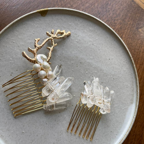 サンゴとクリスタルのヘアコーム 2ピースセット ヘッドドレス 