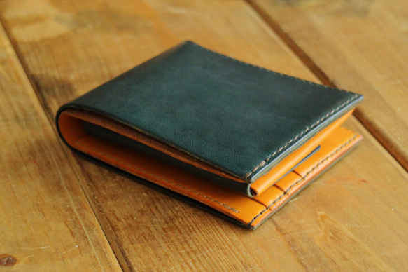 Leather Half Wallet Bluegreen x Yellow 第2張的照片