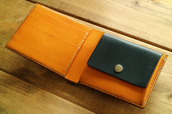 Leather Half Wallet Bluegreen x Yellow 第4張的照片