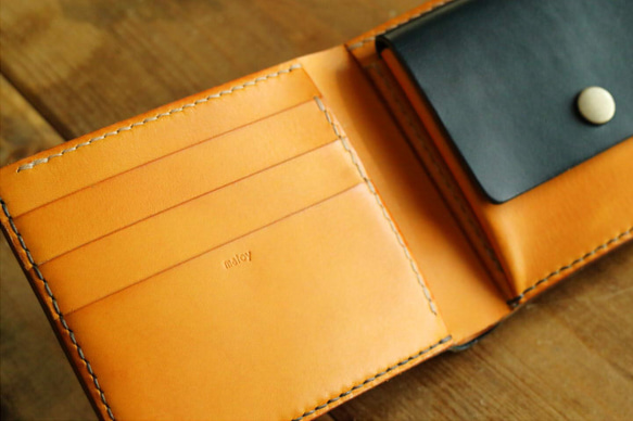 Leather Half Wallet Bluegreen x Yellow 第7張的照片