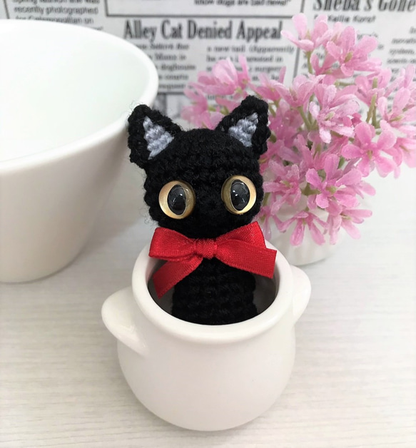 選べる☆赤リボンの黒猫あみぐるみ☆受注製作品 1枚目の画像