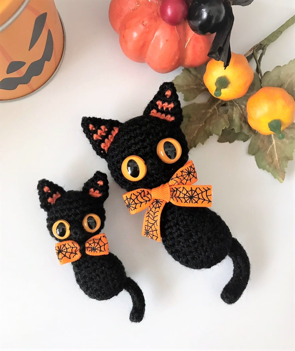 ハロウィンぺったんこ☆黒猫のセット♪あみぐるみ♡キーホルダー