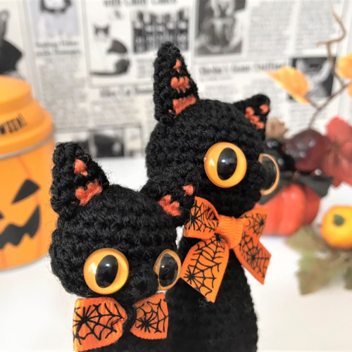ハロウィンぺったんこ☆黒猫のセット♪あみぐるみ♡キーホルダー