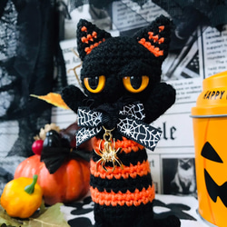 ハロウィンぺったんこ☆やさぐれ黒猫あみぐるみ☆受注製作品 1枚目の画像