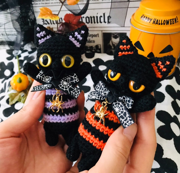 ハロウィンぺったんこ☆やさぐれ黒猫あみぐるみ☆受注製作品 6枚目の画像