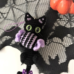 ハロウィンツギハギ猫キーホルダーあみぐるみ☆パープル☆受注製作品