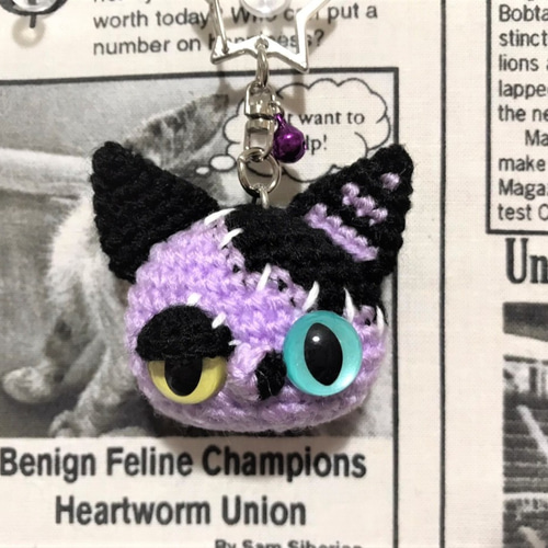 ハロウィンツギハギ猫キーホルダーあみぐるみ☆パープル☆受注製作品