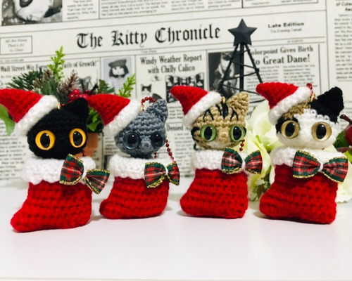サンタ猫ボールチェーン☆あみぐるみ☆受注製作品 あみぐるみ くろねこ
