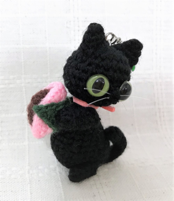黒猫＊桜餅★あみぐるみ♡キーホルダー・ストラップ・ボールチェーン☆受注製作品 2枚目の画像
