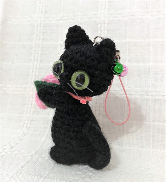 黒猫＊桜餅★あみぐるみ♡キーホルダー・ストラップ・ボールチェーン☆受注製作品 4枚目の画像