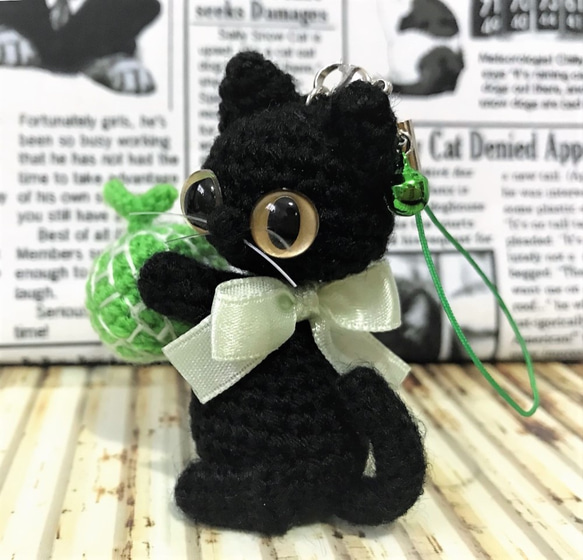 黒猫＊メロン☆あみぐるみ♡キーホルダー・ストラップ・ボールチェーン☆受注製作品 4枚目の画像