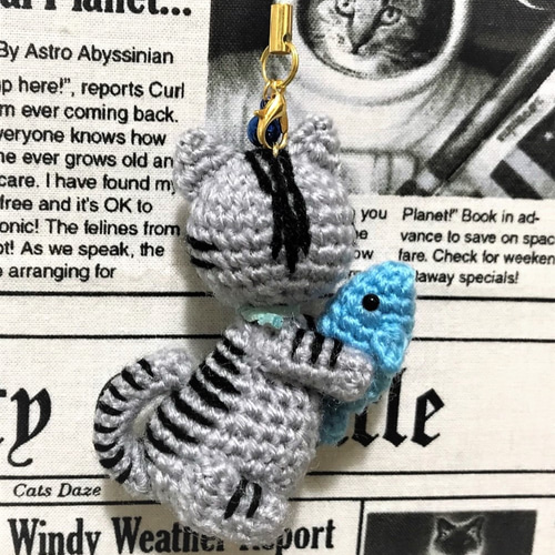 アメリカンショートヘアとお魚☆猫あみぐるみ♡キーホルダー 