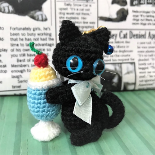 黒猫のクリームソーダ☆あみぐるみ♡キーホルダー・ストラップ・ボール