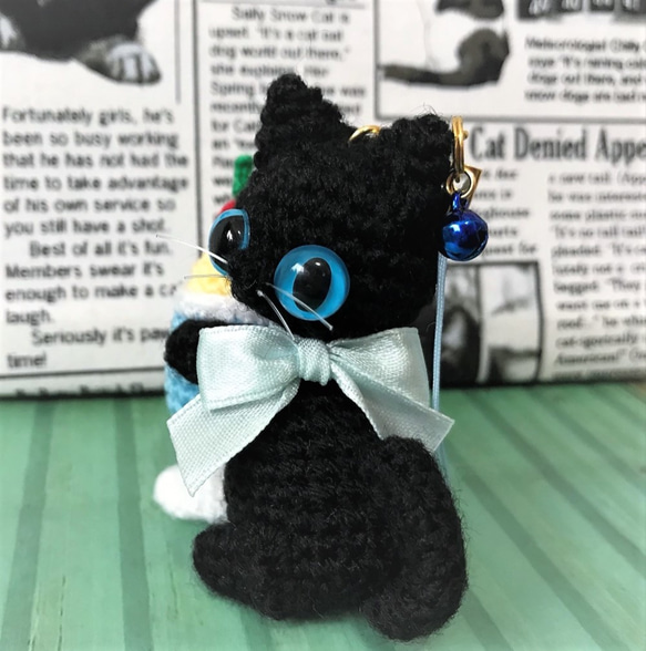 黒猫のクリームソーダ☆あみぐるみ♡キーホルダー・ストラップ・ボールチェーン☆受注製作品 3枚目の画像