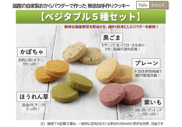 送料無料）無添加おから「Tofu biscuit」ベジタブル５種セット【８枚入×６袋】 1枚目の画像