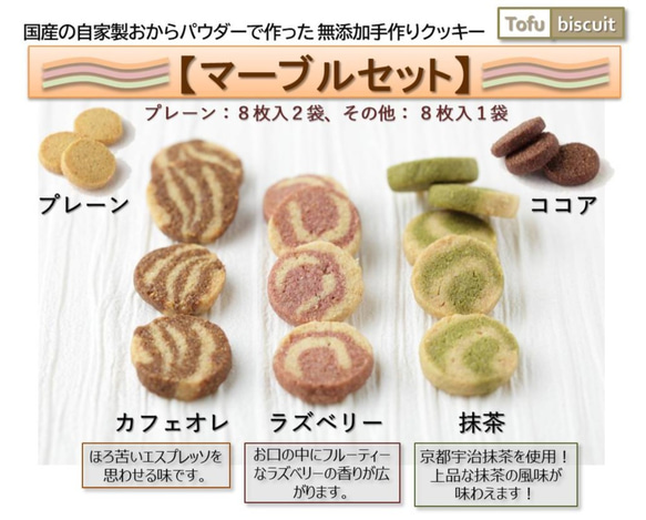 送料無料）無添加おから「Tofu biscuit」マーブルセット（５種）【８枚入×６袋】 1枚目の画像