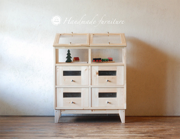 駄菓子屋風ショーケース付きキャビネット（おもちゃ・衣類・書類などの