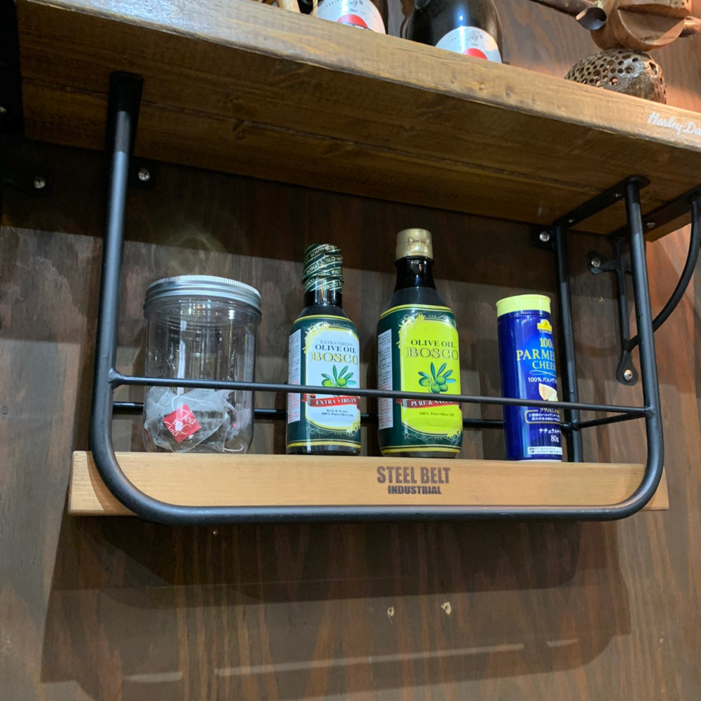 スパイスラック　吊り下げ式　棚　キッチンシェルフ　アイアン&ウッド　W480×D120×H300