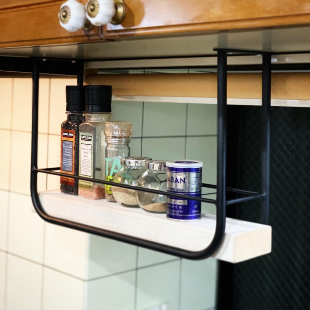 スパイスラック　吊り下げ式　棚　キッチンシェルフ　アイアン&ウッド　W480×D120×H300