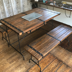 バーベキューテーブルセット （テーブル×1、ベンチ×２）アイアン&ウッド 6枚目の画像