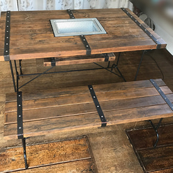 バーベキューテーブルフルセット （テーブル×1、ベンチ大×２、ベンチ小×２）アイアン&ウッド 6枚目の画像