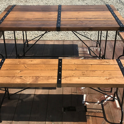 ガーデンテーブルフルセット （テーブル×1、ベンチ大×２、ベンチ小×２） アイアン&ウッド 2枚目の画像