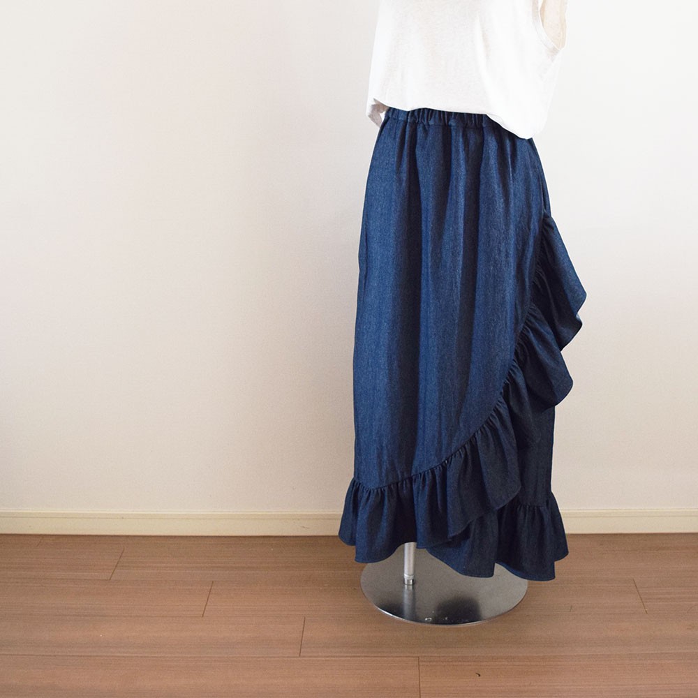 デニムクロスフリルマキシスカート（ダークブルー）＜受注制作>