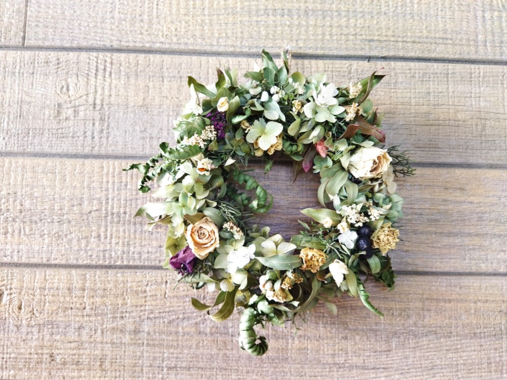 アンティーク調 リース ギボシの葉とオクラの実 ドライフラワーリース