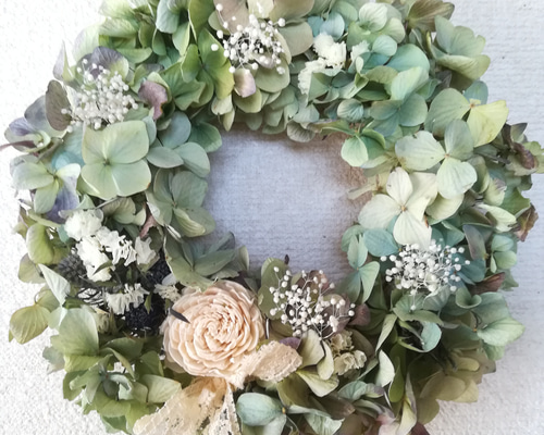 送料無料]ドライフラワーリース◇あじさいとソーラーローズと、 ドライ