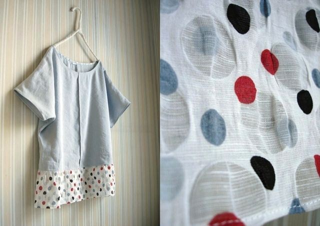 裾切り替えドルマン袖PO★アイスブルー&透かし水玉 綿麻#515