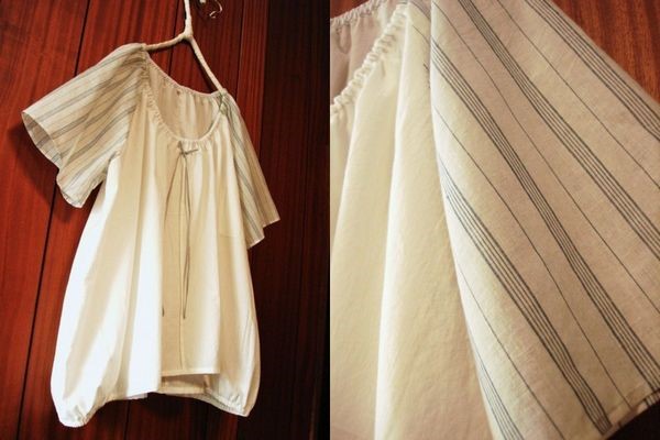 丸いシルエットのPO★オフ白&綿麻ブルーストライプ