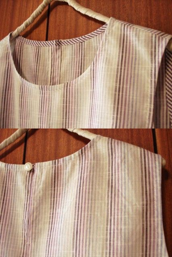 裾フランス製レースノースリーブBL★紫陽花ストライプ 綿麻 3枚目の画像