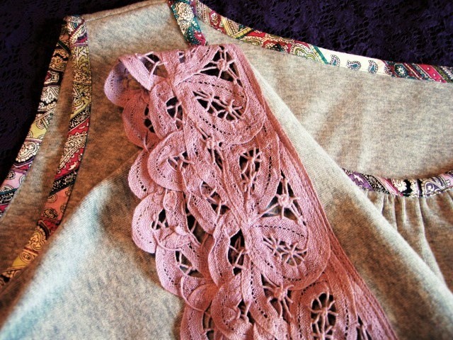 裾バテンレースノースリーブPO★杢グレー綿ニット+淡紫バテン