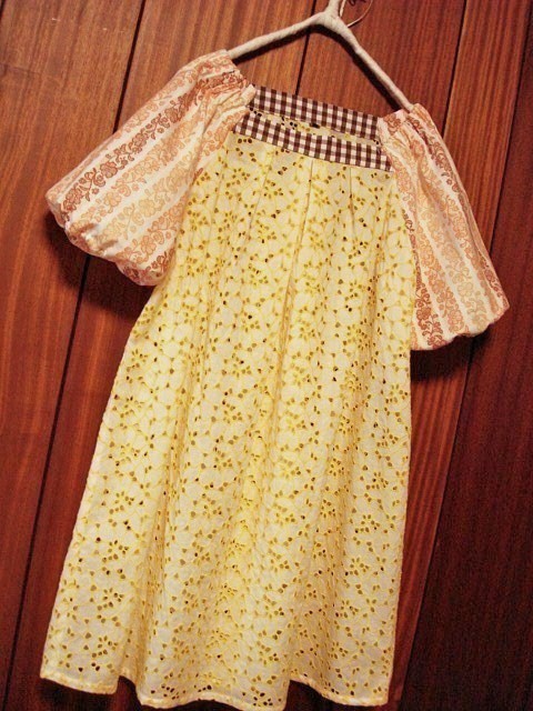 スクエアネックチュニック★綿レース黄&花ストライプ