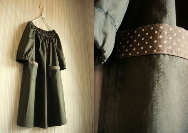 ギャザーワンピース★細へリンボーン カーキGR +水玉