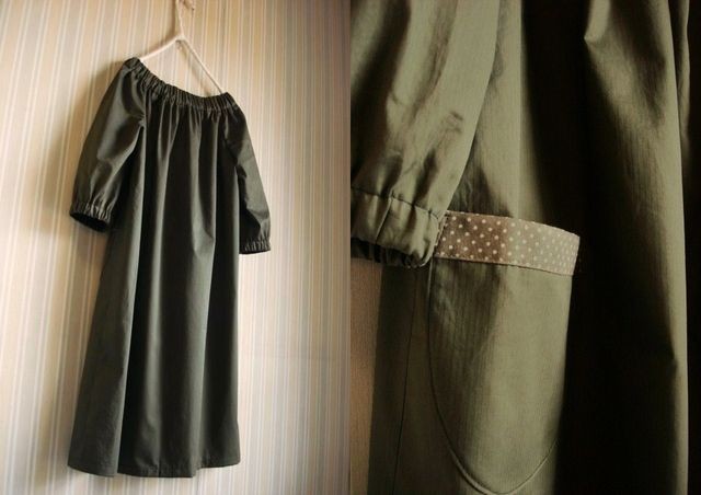 ギャザーワンピース★細へリンボーン カーキGR +水玉